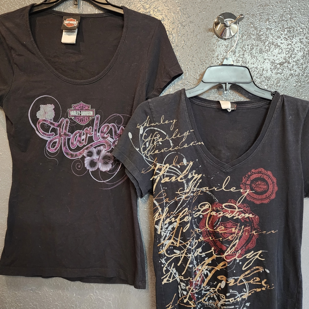 Harley-Davidson Black Tees with Purple and Red Graphics